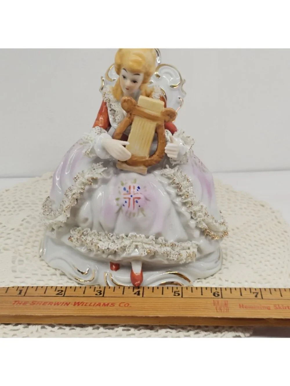 Vintage Nanco Hand-Painted Porcelain Figurine Lady Playing Harp Dresden Style 7